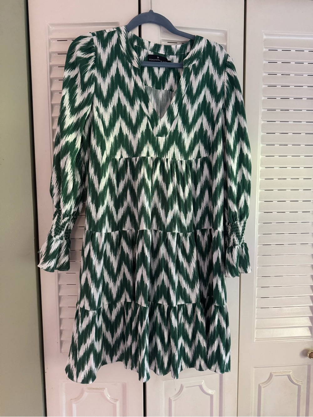 Tuckernuck Pomander Place Kenzo Green and White Ikat Tiered Mini Dress